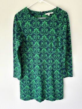 Boden Green Navy Blue Long Sleeve Sweater Dress Jacquard Pattern Floral